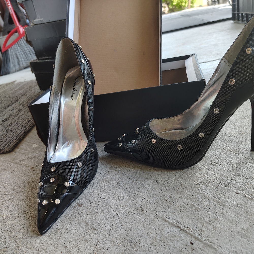 Michael Antonio Black Stiletto Heels with Studded Design
